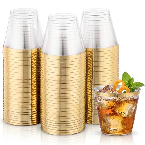 Hioasis 200Pcs 9OZ Clear Cups - Plastic Disposable Cups with Gold Trim Heavy Duty & BPA-free for Party Wedding Reception