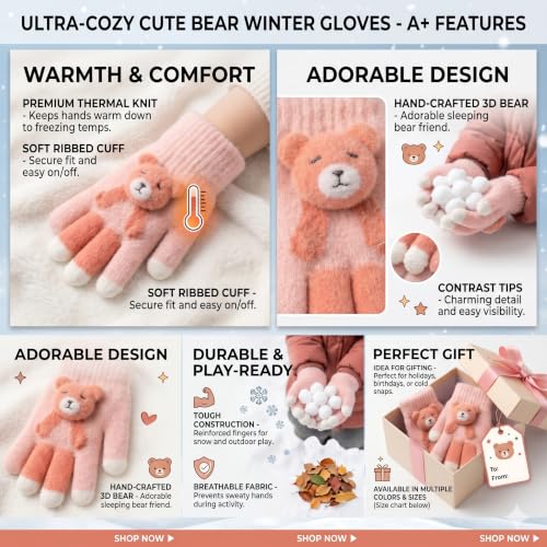 Image of Kids Winter Woolen Hand Gloves for Girls (Age 8-12 Years) | Soft Warm Knitted Gloves | Cute Teddy Bear Design | Cold Weather Gloves