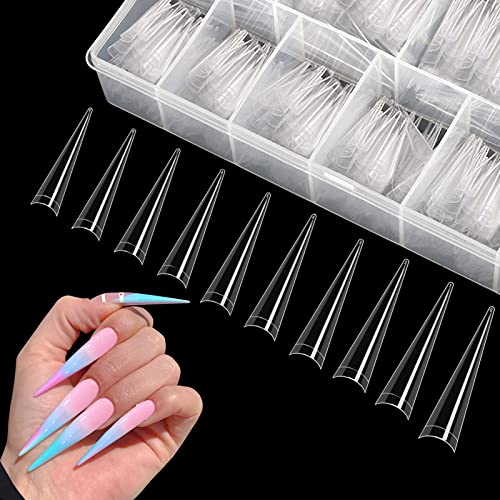 500pcs XXL Stiletto Nail Tips, Clear Half Cover Stiletto Nail Tip...