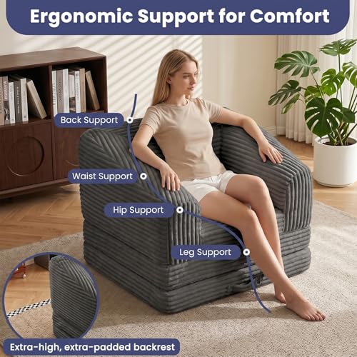 Image of JUIKURY Convertible Sofa Bed, 3-in-1 Foldable Loveseat Couch with Armrest, Corduroy Floor Sofa & Sleeper Bed, No Assembly High-Density Foam Futon Mattress for Living Room, Small Apartment, Dorm