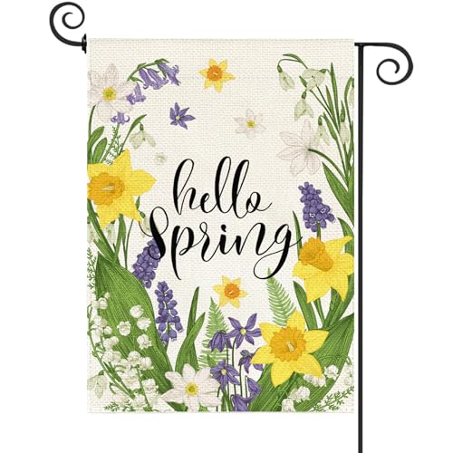 Baccessor Hello Spring Garden Flag 12.5 x 18 Inch Double Sided Burlap Yellow Daffodil Purple Floral Farmhouse Easter Small Yard Flag Spring Summer Holiday Seasonal Outdoor Outside Decoration