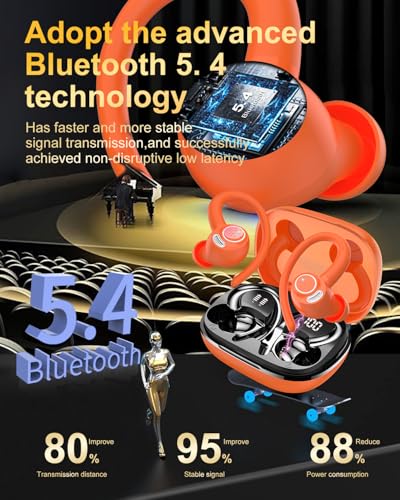 Image of Wireless Earbuds, Bluetooth 5.4 Headphones Sport, Over Ear Buds With ENC Noise Cancelling Mic, 48H, Wireless Earphone With Earhooks, Stereo Deep Bass, IP7 Waterproof ear bud for Workout Running,Orange