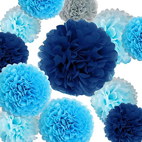 Monkey Home Juego de 20 pompones de papel de seda para fiestas (35.5 cm, 25.4 cm, 20.3 cm, 15.2 cm), flores de papel para bodas, cumpleaños, baby shower, despedida de soltera, azul claro, gris Cover