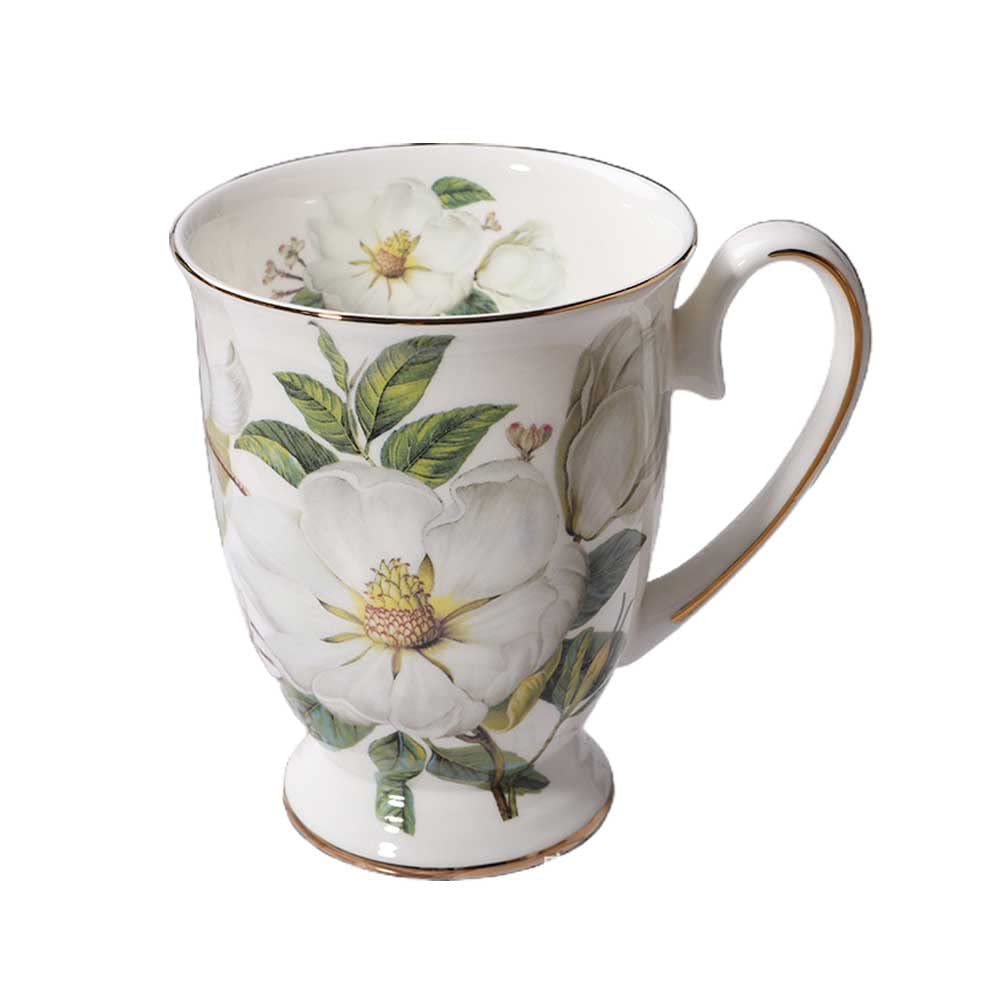 FIYSON 300ml Ceramic Coffee Cup, Camellia Patterned Bone China Coffee Mug with Handle, Euro Style Porcelain Tea Cup for Home Kitchen Office, Gifts for Women, Dishwasher and Microwave Safe (style 2)