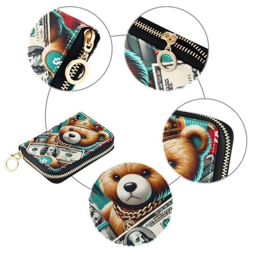 GAIGEO RFID Blocking Credit Card Holder Women's Wallets Leather Small Zipper Coin Purse with Key Ring Royal Money Teddy King4