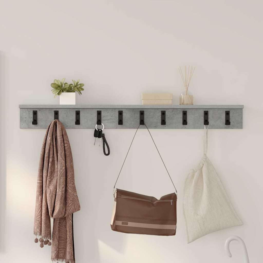 39-Inch Engineered Wood Wall Shelf with Metal Hooks, Concrete Gray | This 39.4 x 4.1 inch wall-mounted coat rack is ideal for hanging coats and keys in entryways, bedrooms, and offices.