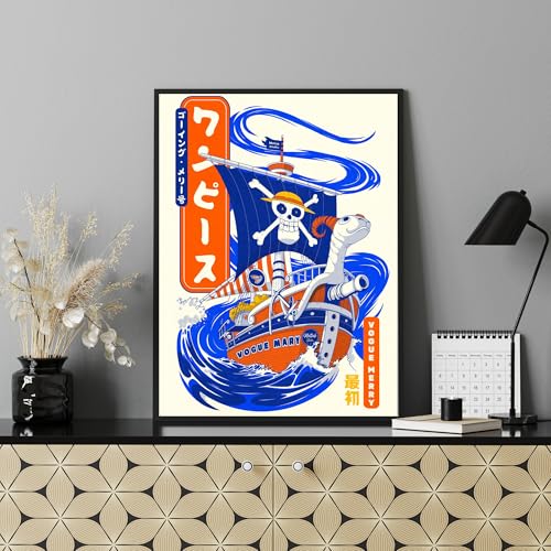 Image of Postlate Vintage Style Going Merry Poster A4 Size with Frame - One Piece Pirate Ship Artwork | Retro Anime Wall Art Decor for Room & Office (Design 2)