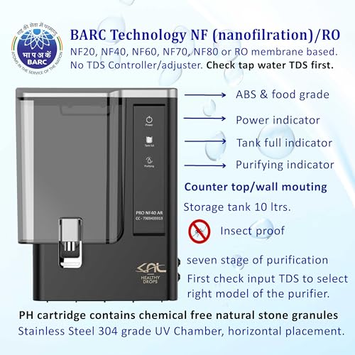 Image of KNL PRO NF40 AR, SS 304 UV, Nano filtration + pH regulator, for input TDS 200-350 ppm, Reduces TDS (40-50)%, water recovery 45%, water purifier, no TDS controller, 10 ltr storage + TDS controller