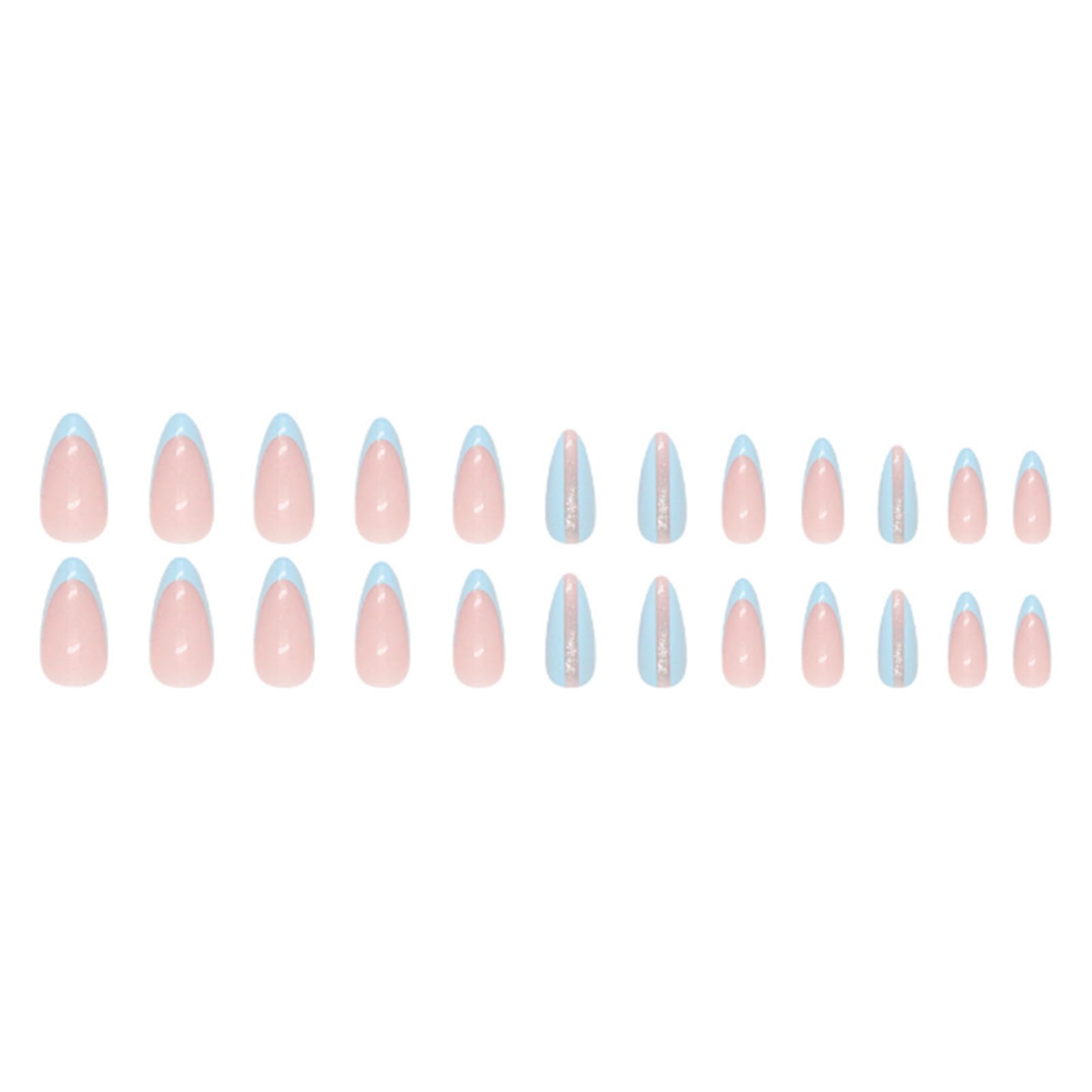 Oval Shape French Press On Nails with Light Blue Tip and Sparkle, 12PCS Glossy Nude Base Full Cover False Nails - Image 4