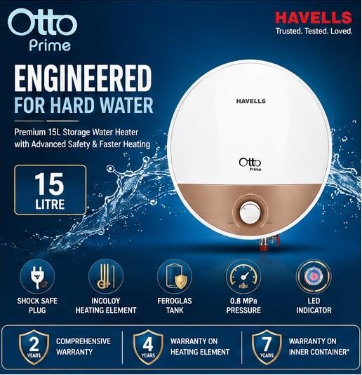 Image of Havells Otto Prime 15 Litre Storage Water Heater (Geyser) | Incoloy Glass Coated Heating Element | Feroglas Tank | Shock Safe Plug | LED Indicator | White & Champagne Gold