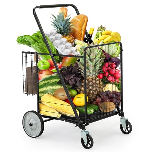 YITAHOME Folding Shopping Cart with Wheels, Rolling Foldable Grocery Cart with Rear Basket, Portable Collapsible Utility Cart with Reinforced mesh Bottom Panel for Shopping Groceries Laundry Storage