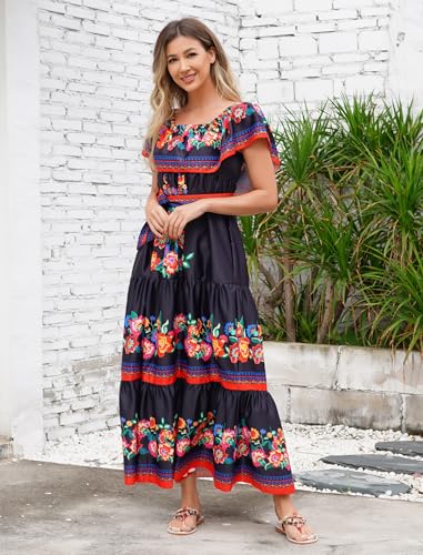 Mexican Dress for Women Off Shoulder Floral Print Long Maxi Dress Summer Cinco de Mayo Party Dresses with Belt4