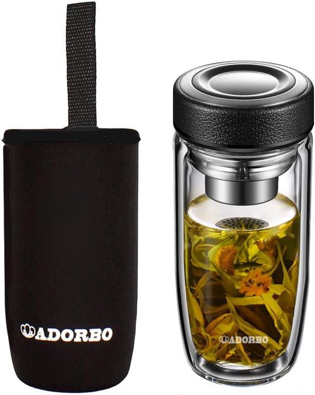ADORBO Tea Infuser Glass Water Bottle, Double Wall Glass