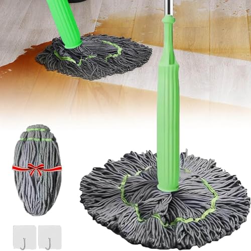 2 in 1 Dehydrated Mop, Self-Wringing Twist Mops for Floor Cleaning, 360 Degree Spin Round Self Wringing Wall Cleaning Mop for House Bathroom Floor, Wet and Dry, Detachable (Mop+Replacement Head)