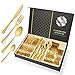 Esyhomi Cubertería de acero inoxidable de 24 piezas para casa, cocina o restaurante, con caja de regalo para 6 personas, cuchillos, tenedores de postre, cucharas de té, incluye (dorado, 24 piezas)