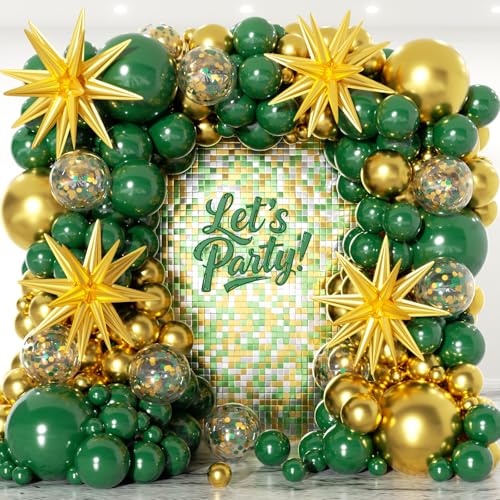 Image of 153Pcs Green and Gold Balloons Garland Arch Kit with Stars -22 18 12 10 5 inch Different Size Dark Emerald Green Gold Confetti Latex Balloons for Birthday Baby Shower Jungle Party Decorations