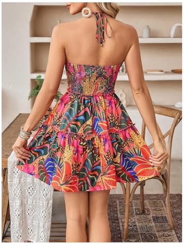 Image of Floerns Women's Floral Sleeveless Halter Dress Milkmaid Flare Hem Boho Mini Dress