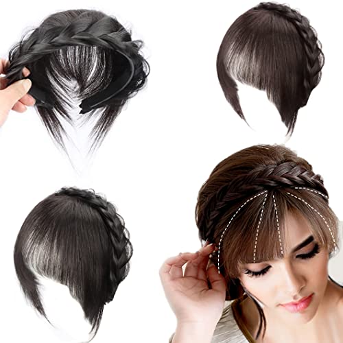 Clip in Bangs Hair with Braid Headband Fake Fringe One Piece Messy Fishbone Braids Human Hair Extension Wispy French Bangs Front Bangs Haarteil Dunkelbraun Cover