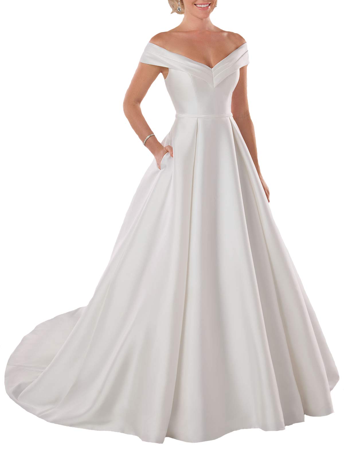Lilyla Satin Wedding Dress Long Off The Shoulder Satin Bridal Gowns with Pockets Ivory US16