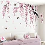 wondever Large Flower Tree Branch Wall Stickers Decor for Living Room Pink Cherry Blossom Floral Birds Wall Art Decals for Bedroom TV Wall (150cm*143cm)