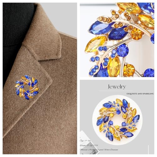 Image of Wreath Brooch Pin for Women Men Blue Yellow Flower Pins Lapel Jewelry Gift