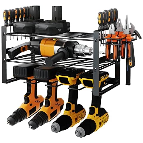 Heavy Duty Floating Tool Shelf Power Tool Organizer Garage Tool Storage Shelf Drill Holder 3 Layers Wall Mounted Storage Rack with Screwdriver Holder Black Suitable for Garage/Workshop Cover