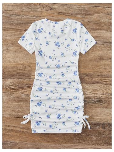 SHENHE Girl's Bodycon Short Sleeve Floral Dress Ruched Drawstring Summer Ribbed Tshirt Dress2