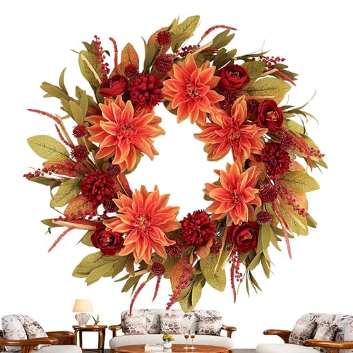 Corona de otoño para exterior fabricada artesanalmente con flores densas para jardín 2
