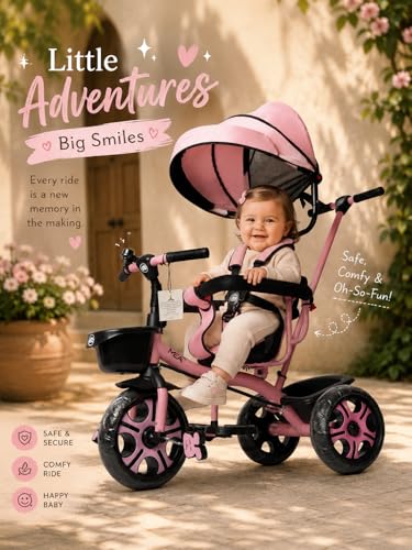 Image of MEA Kids Tricycle with Adjustable Canopy & Parent Push Handle | Safe Baby Trike with Safety Guard Rail, Comfortable Seat & Storage Basket | Play Ride-On Tricycle for Toddlers Boys & Girls - Pink