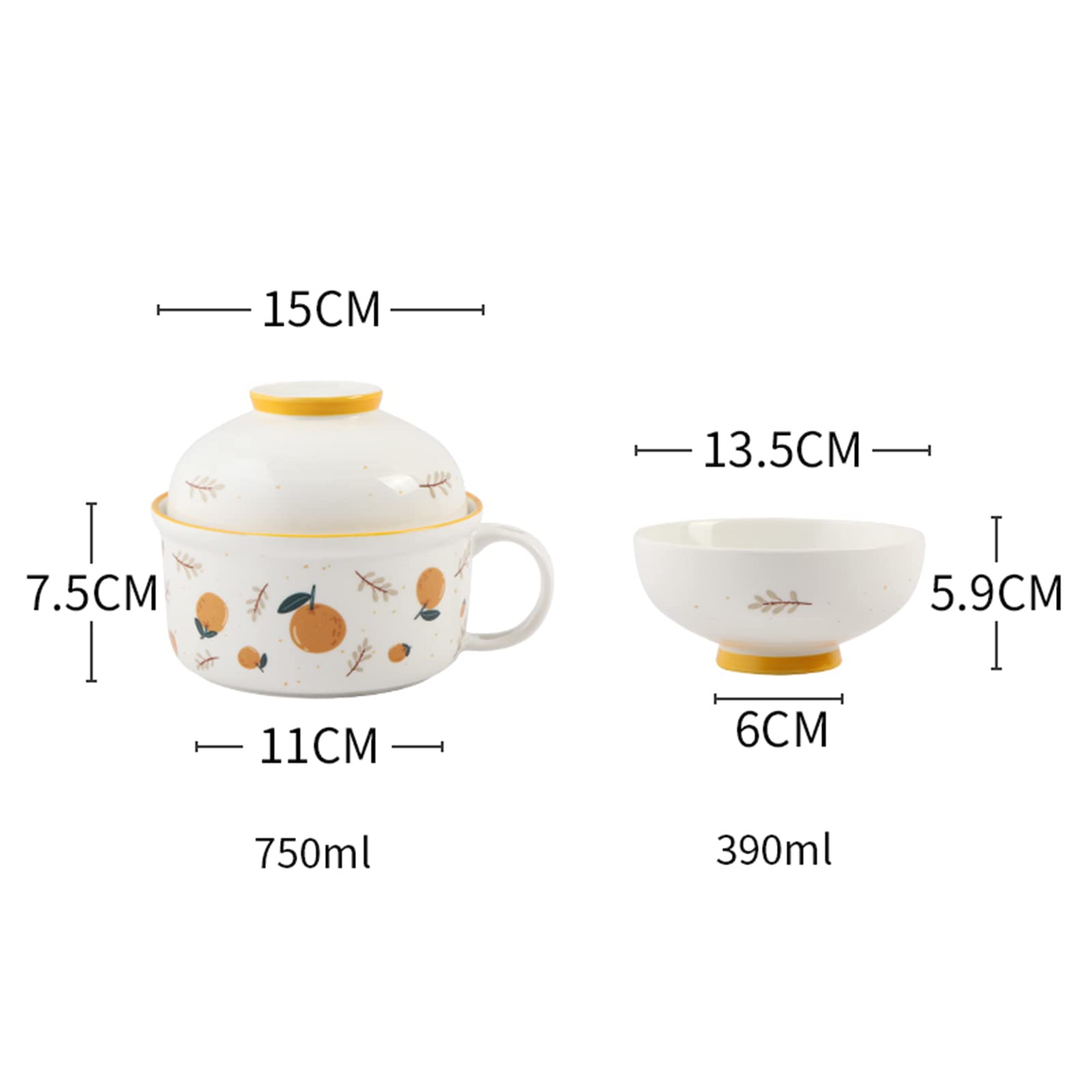Ceramiczna Miska Na Makaron Instant, Śniadanie/Obiad Z Uchwytem I Pokrywką, Bezpieczna Do Mikrofalówki, Zupa, Sałatka, Płatki Zbożowe, Do Biura W Akademiku - 750 Ml + 390