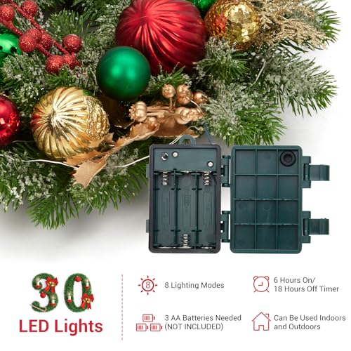 GarveeHome 16 Inch Prelit Christmas Wreath for Front Door, Artificial Xmas Wreath with Red Green Gold Ball Ornaments 30 Led Lights Battery Operated for Indoor Outside Fireplace Window Decor