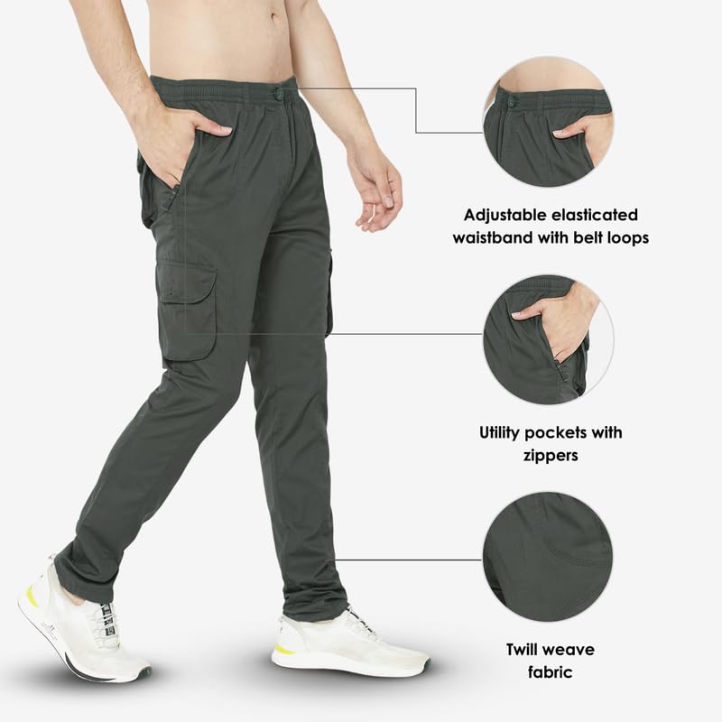 Image of SAPPER Regular Fit Cotton Cargo Pants for Men| Utility Pockets with Zippers| Elasticated Waistband with Belt Loops & Internal Drawcords| Also Available in Plus Sizes | L to 5XL