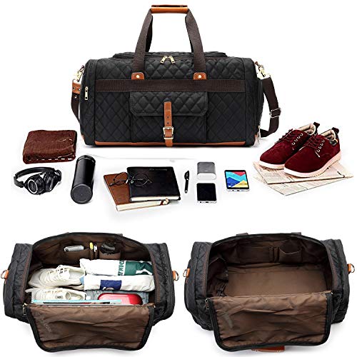 Bluboon Weekender Overnight Duffel Bag With Shoes Compartment For Women Men Canvas Weekend Travel Tote Carry On Bag (Quilted-Black) #TOP3
