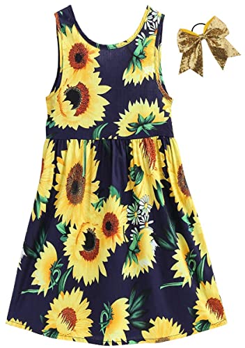 SANGTREE Girl's Summer Sleeveless Sunflower Print Crew Neck Bowknot Halter Dress with Sequin Bowknot Hair Ties, Sunflower & Navy, 5-6X = Tag 130