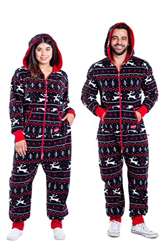 Tipsy Elves Black and Red Fair Isle Reindeer Cozy Ugly Christmas Sweater Jumpsuit for Men Size X-Large