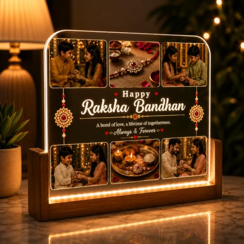 Image of Personalized Raksha Bandhan Acrylic LED Lamp with Custom Photo (UShape) | Night Light, Brother Sister, Free Rakhi Included, Custom Photo