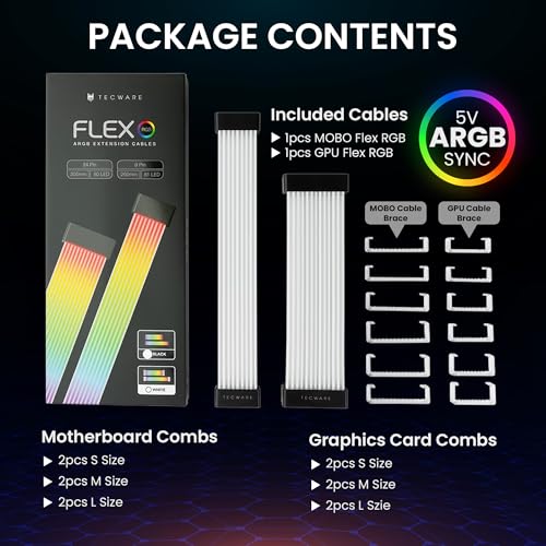 Image of TECWARE Flex RGB Cable Cover Kit | Compatible with 24-Pin Motherboard and 8-Pin /16-Pin GPU | ARGB PSU Cable Extension with 5V 3-Pin Sync | RGB Lighting Kit for PC Cables | Black
