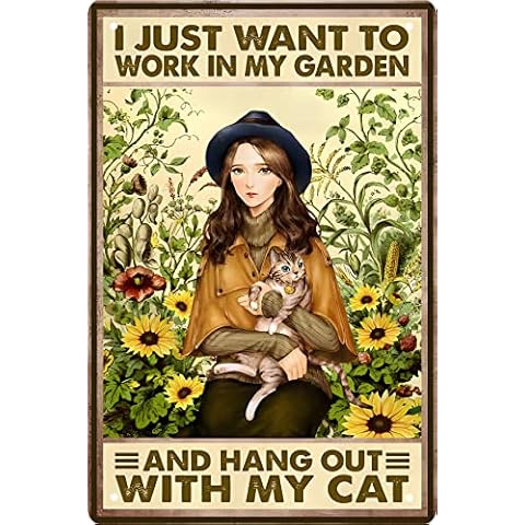 CSWLJS Girl Gift Garden Sunflower Decor I Just Want To Work In My Garden and Hang Out With My Cat Retro Metal Tin Sign Vintage Art Sign for Home Fence Porch Room Wall Decor Poster 8x12 in Cover