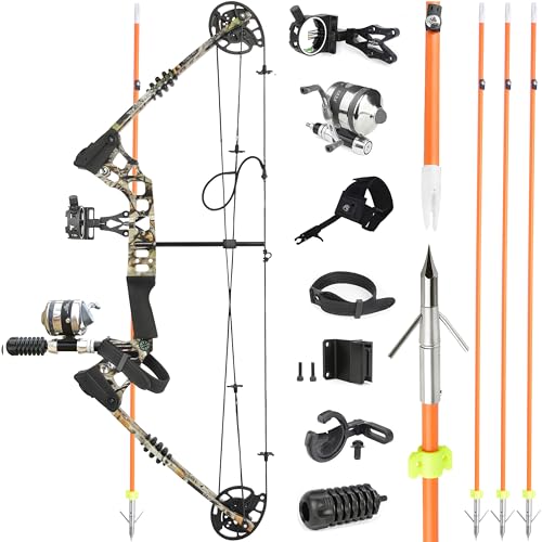 Bowfishing Compound Bow Kit,with Metals Reel or Bottle Reel,Bow Fishing Arrows,20-70Lbs,Left/Right Hand Bow for Adult/Youth Fishing Hunting (KIT 1-CAMO, Right Hand)