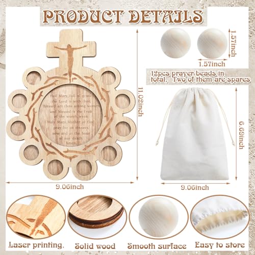 Image of Marsui Wooden Decade Rosary Board Kit with 12 Prayer Bead and Storage Bag Natural Wooden Rosary Religious Educational Tool Catholic Board Catholic Interactive Learning Tool Religious Gift for Adult