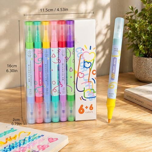 Image of WISHKEY Double-Head Color Overlay Marker Pens, Non-Toxic Ink Marker, Quick Drying Colorful Highlighter Pens for Multipurpose, Stationery Items for Kids and Adults, 8+ Years (Pack of 6, Multicolor)