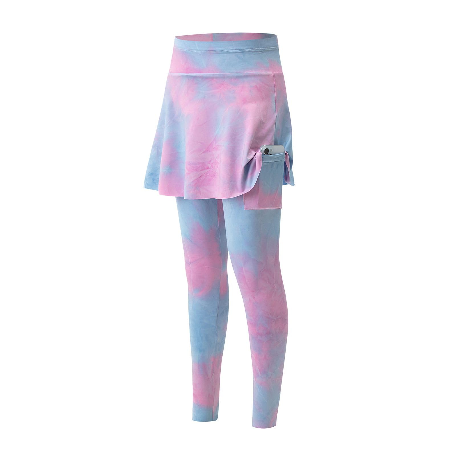 Hotfiary Girls Rainbow Tie Dye Leggings with Skirts Pocket High Waist Tennis Athletic Flowy Skirted Full Length Pants 4-10 Y