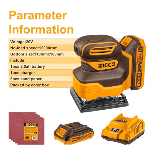 INGCO 20V Cordless 1/4 Sheet Sander 12000RPM Electic Orbital Sander with 1Pcs 2.0Ah Battery and 1Pcs Charger CSHSLI20141 6 INGCO 20V Cordless 1/4 Sheet Sander 12000RPM Electic Orbital Sander with 1Pcs 2.0Ah Battery and 1Pcs Charger CSHSLI20141 - Image 6