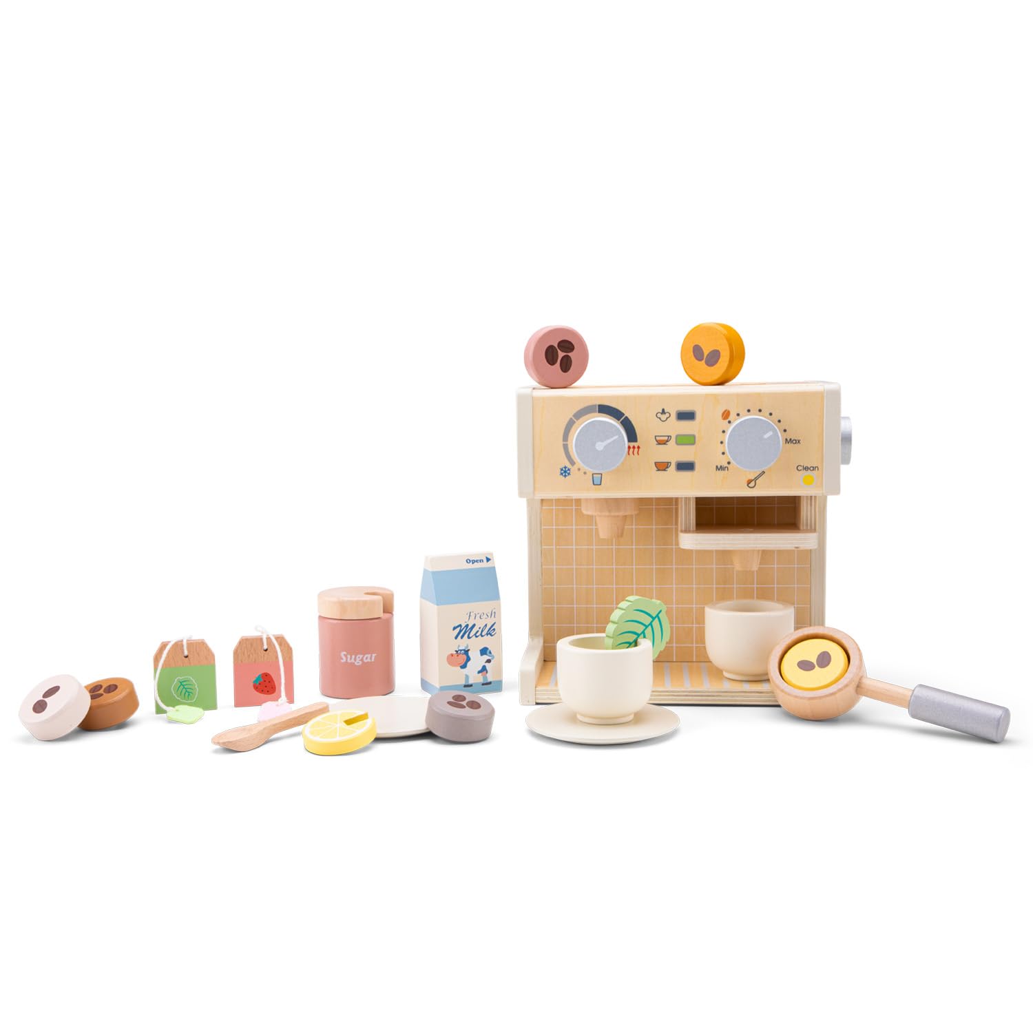 Woet® Jouet Machine à Café en Bois pour Enfants – Set Barista avec Lait, Sachets de Thé et Accessoires – Jouet de Cuisine FSC – À Partir de 3 Ans – Cadeau Filles et Garçons