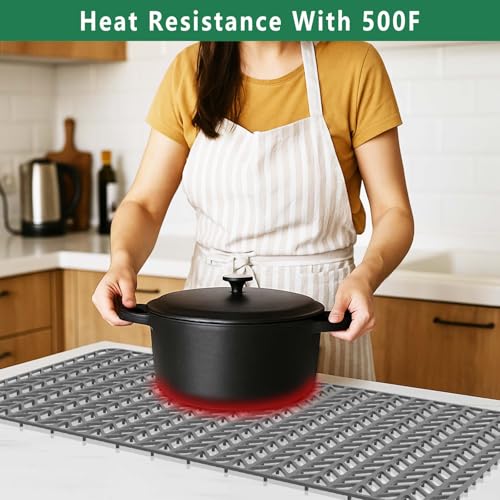 Image of GUUKIN Sink Protectors for Kitchen Mat -30 inchx 16 inch Silicone Kitchen Sink Mat Grid for Bottom of Farmhouse Stainless Steel Porcelain with Rear Drain(Grey