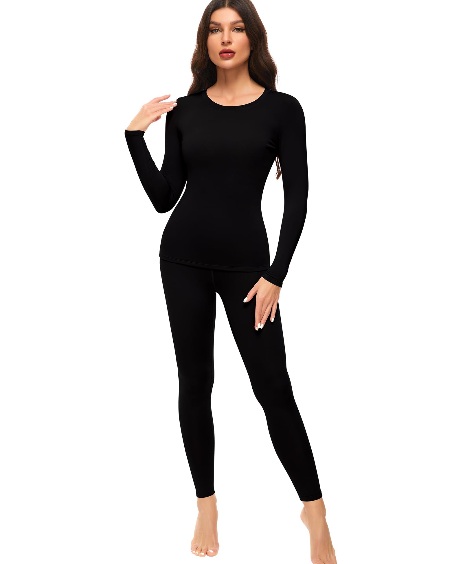 sous Vetement Thermique Femme Haut Manches Longues Pantalon Chaud & Léger Col Rond Ensemble Ski Hiver en Polaire Leggings