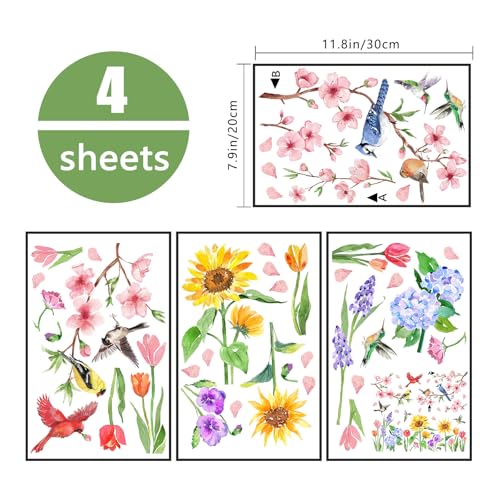 Yovkky Spring Summer Flower Birds Window Clings 4 Sheets, Sunflower Cherry Blossom Tulip Cardinal Blue Jay Hummingbird Stickers Decals Decor, Hydrangea Floral Seasonal Home Kitchen Decorations