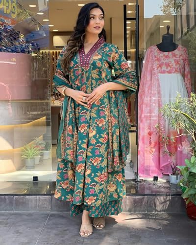 Image of GoSriKi Women's Rayon Viscose Anarkali Printed Kurta with Palazzo & Dupatta