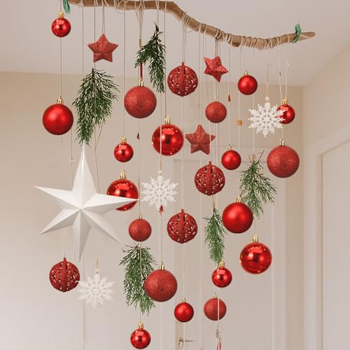 Halloscume Christmas Wall Hanging Decor with Light Wooden Branch Christmas Door Hanging Decorations Xmas Wall Art with Artificial Plants Red Ornament for Winter Holiday Kitchen Dining Room Decor