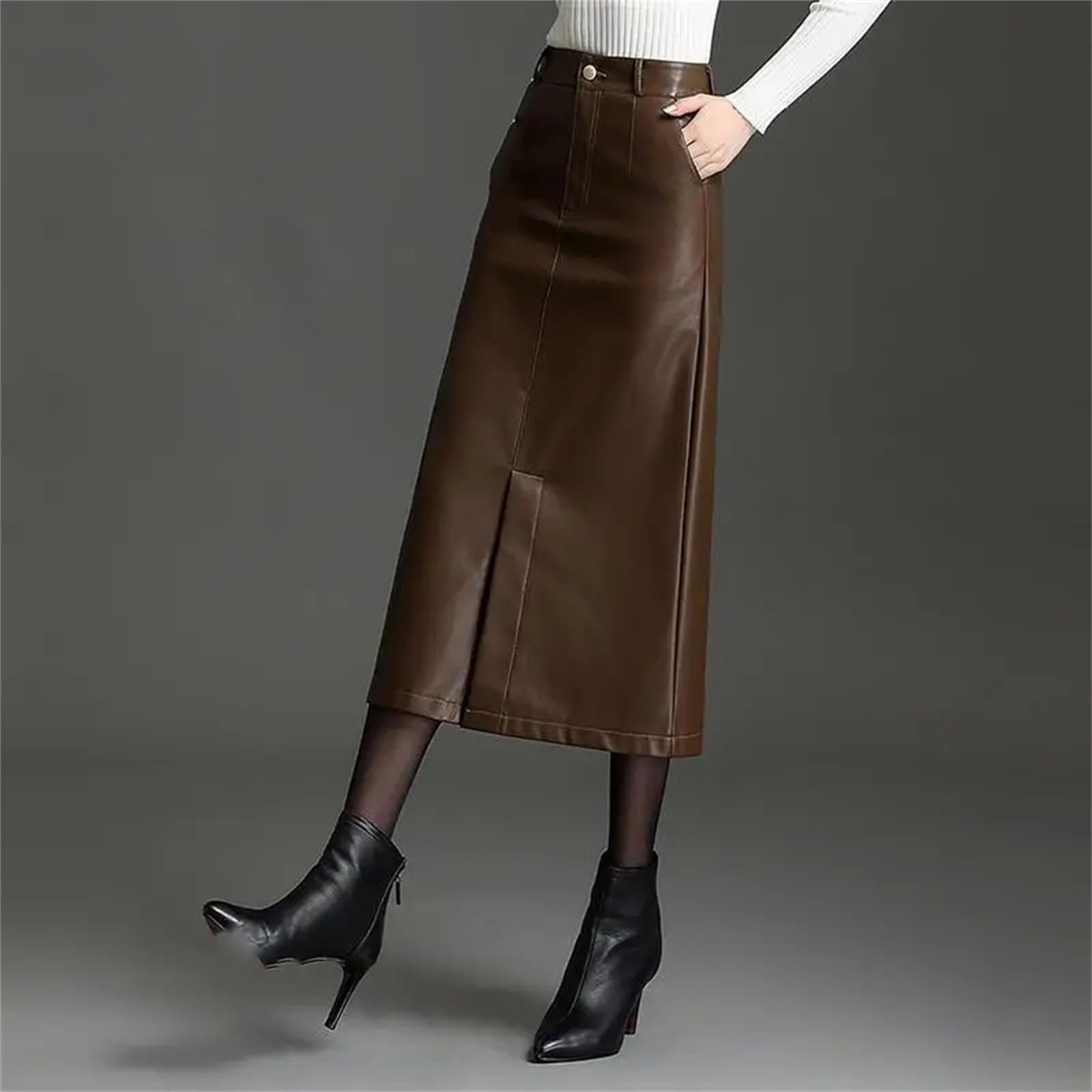 Falda de piel sintética para mujer, cintura alta, dividida, corte ajustado, casual, falda larga